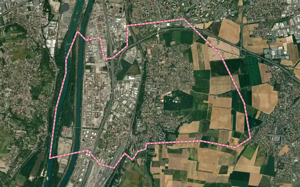 Vue satellite de Feyzin avec ses contours administratifs