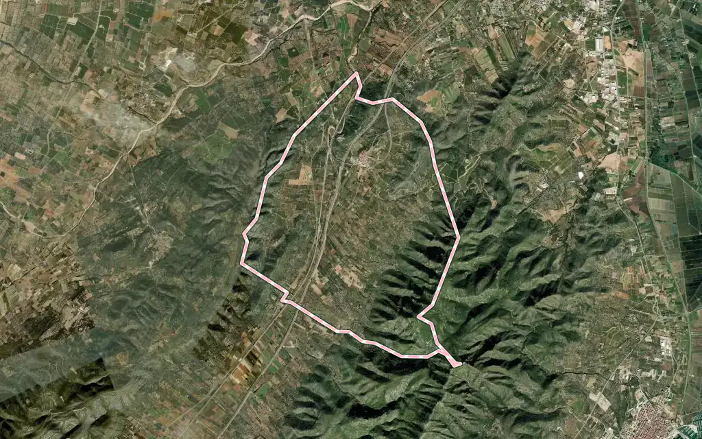 Vista satélite de Freginals con su contorno administrativo