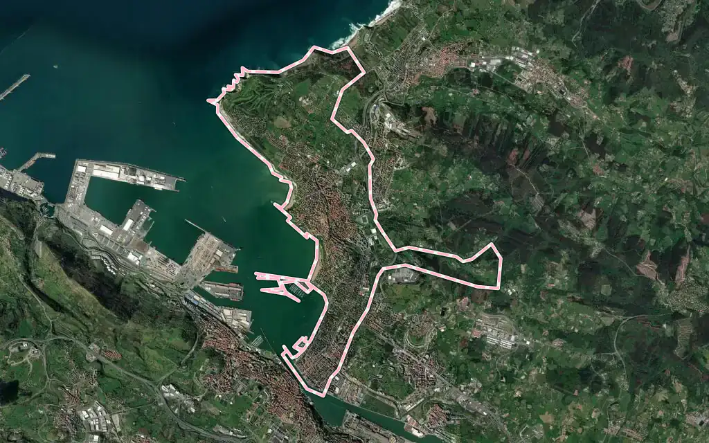 Vista satélite de Getxo con su contorno administrativo