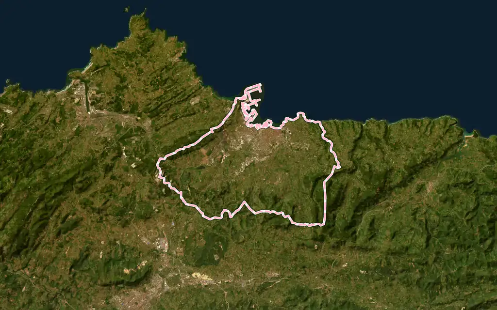 Vista satélite de Gijón / Xixón con su contorno administrativo