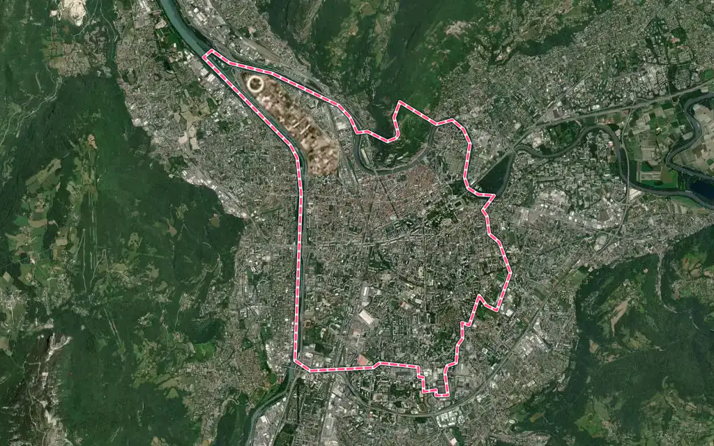 Vue satellite de Grenoble avec ses contours administratifs