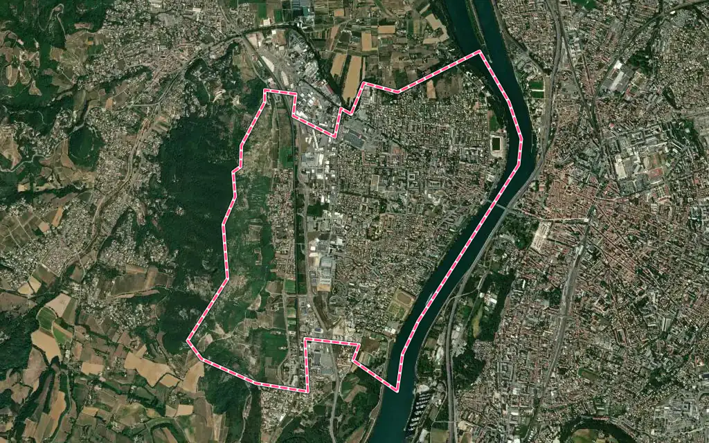 Vue satellite de Guilherand-Granges avec ses contours administratifs