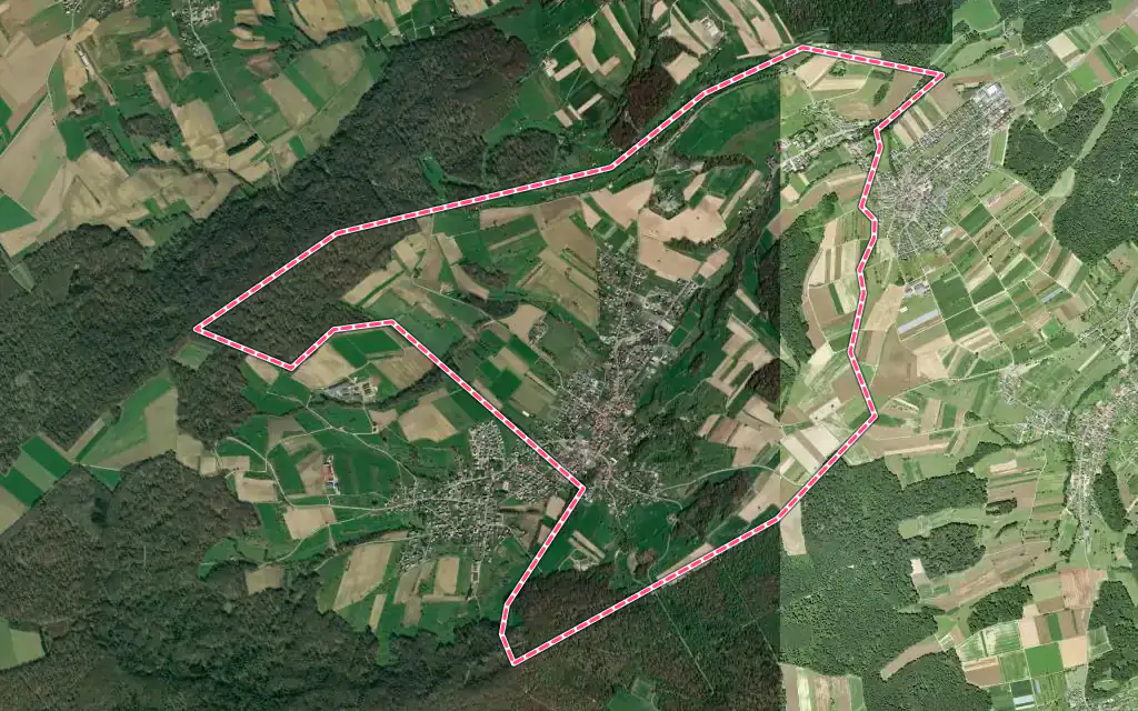 Vue satellite de Hagenthal-le-Bas avec ses contours administratifs