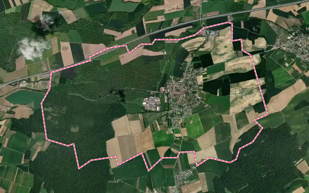 Vue satellite de Heimsbrunn avec ses contours administratifs