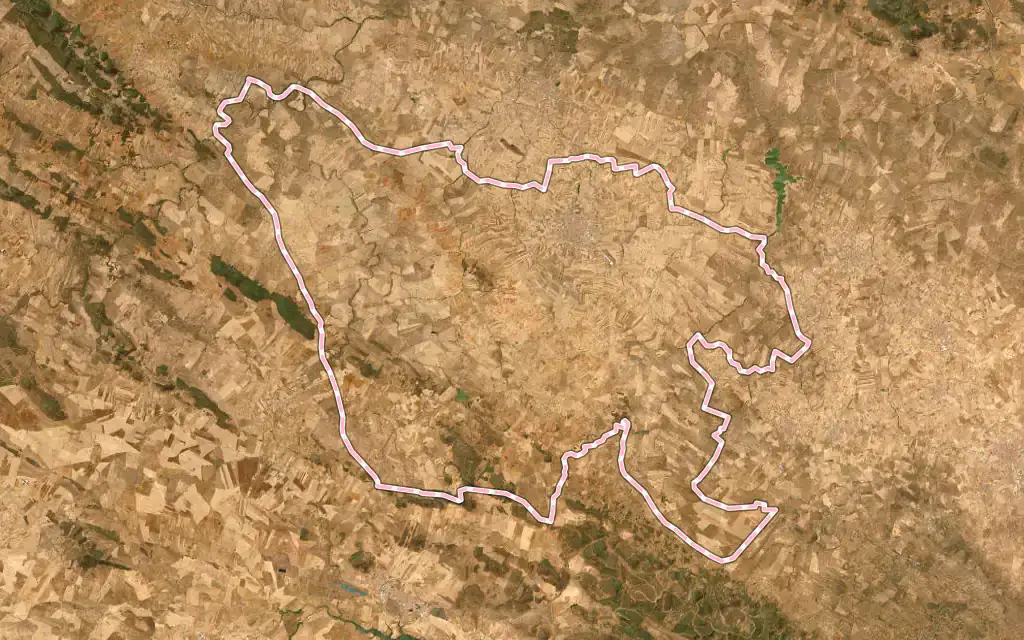 Vista satélite de Hinojosa del Duque con su contorno administrativo