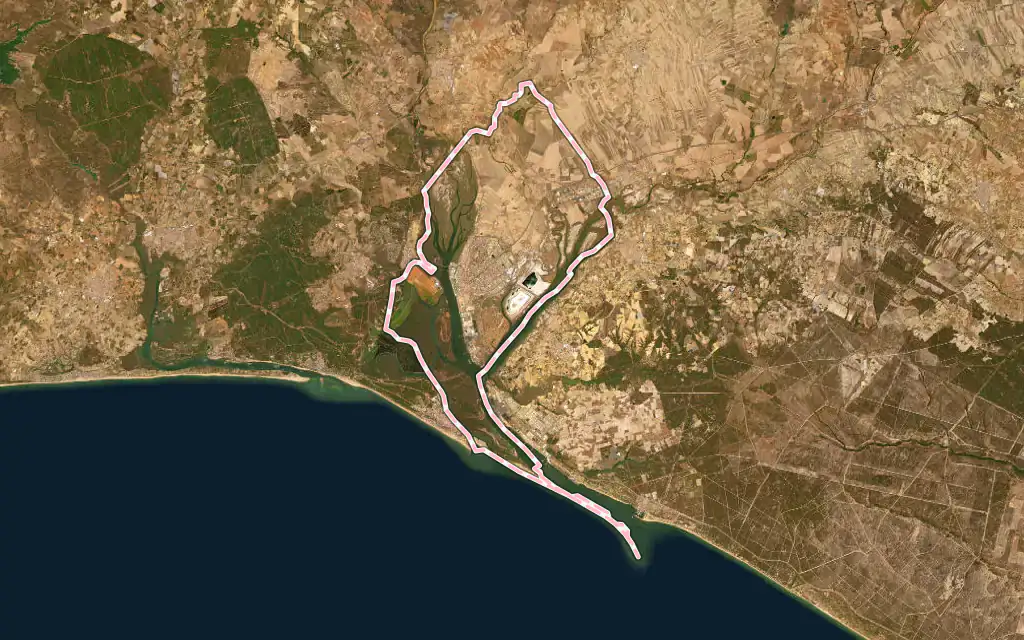 Vista satélite de Huelva con su contorno administrativo