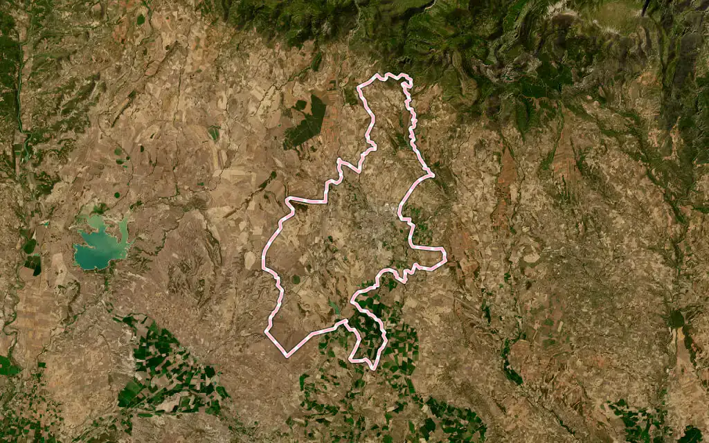 Vista satélite de Huesca/Uesca con su contorno administrativo