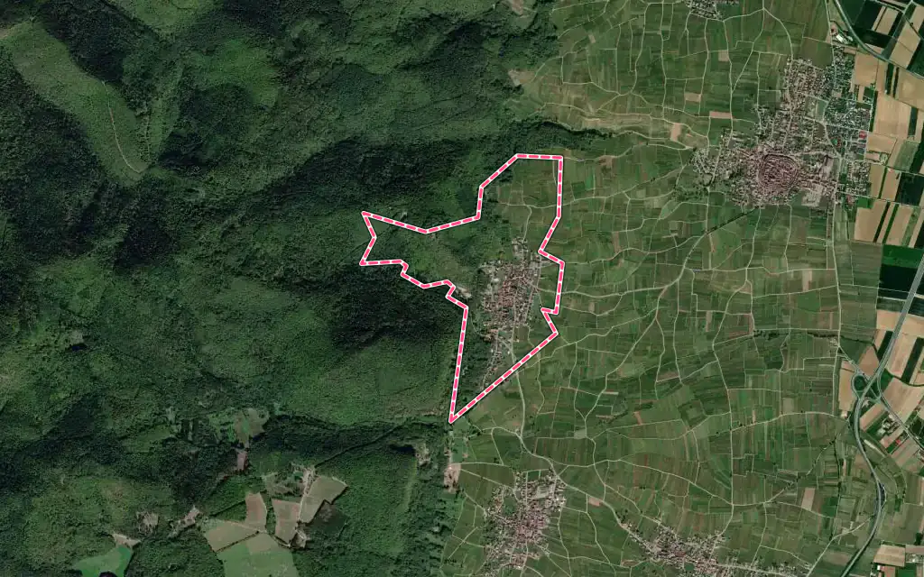 Vue satellite de Husseren-les-Châteaux avec ses contours administratifs