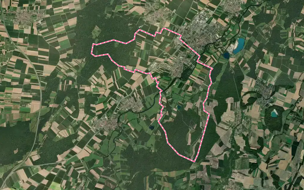 Vue satellite de Huttenheim avec ses contours administratifs