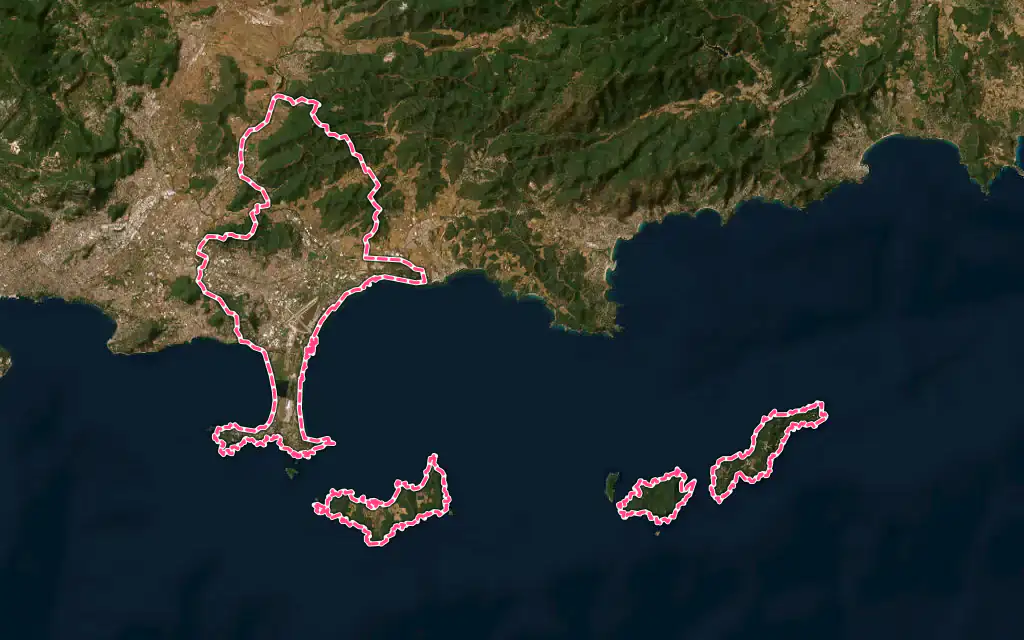 Vue satellite de Hyères avec ses contours administratifs