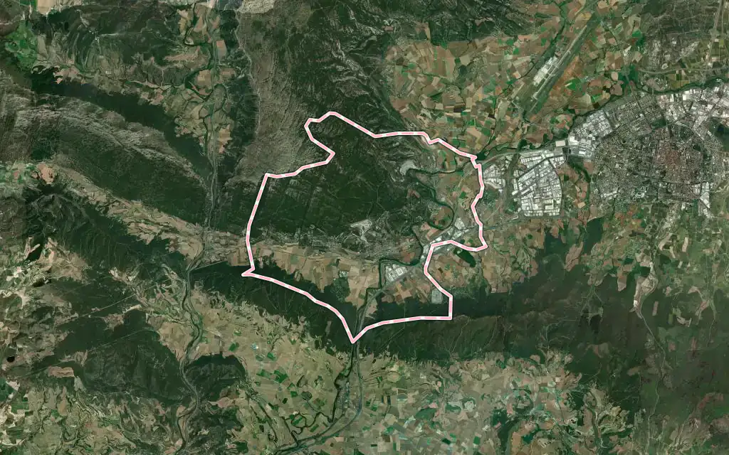 Vista satélite de Iruña Oka / Iruña de Oca con su contorno administrativo