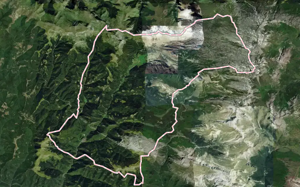 Vista satélite de Isaba / Izaba con su contorno administrativo