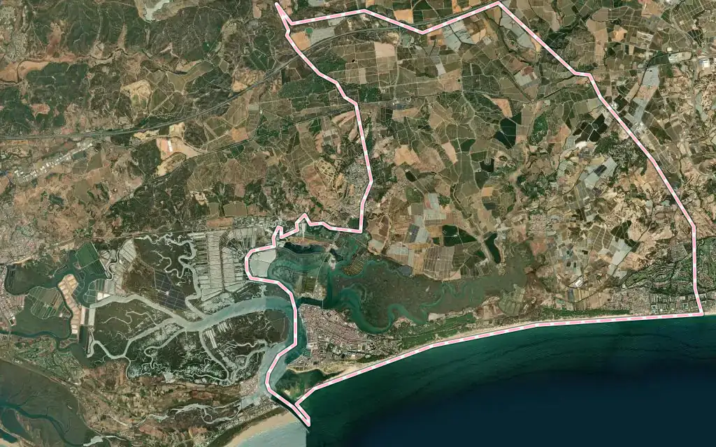 Vista satélite de Isla Cristina con su contorno administrativo