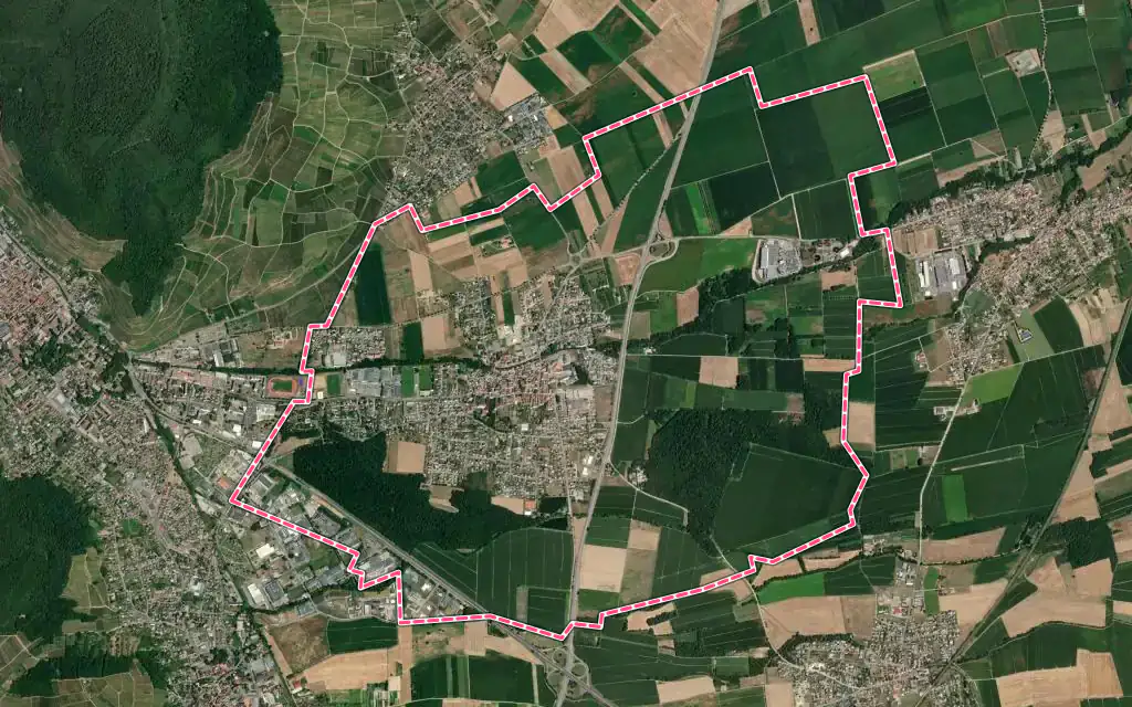 Vue satellite de Issenheim avec ses contours administratifs
