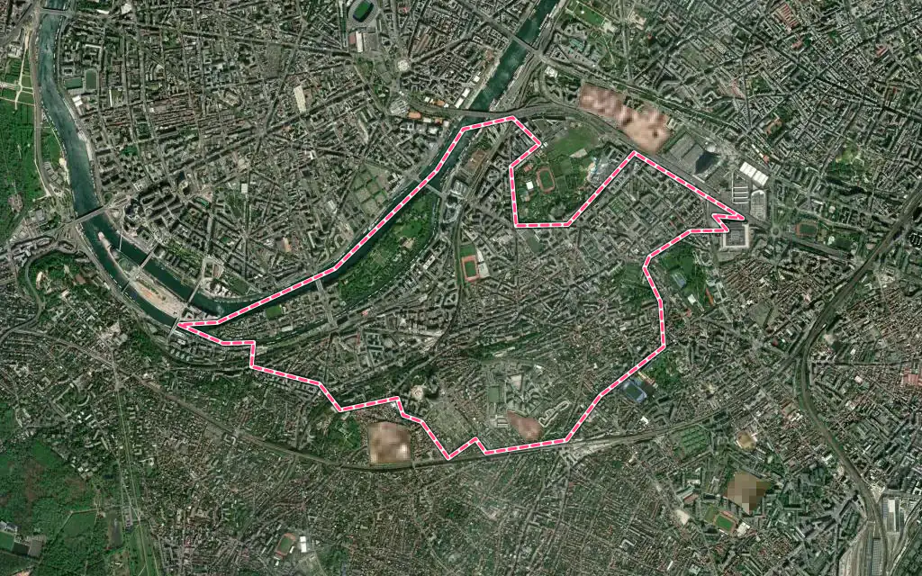 Vue satellite de Issy-les-Moulineaux avec ses contours administratifs