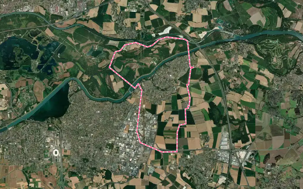 Vue satellite de Jonage avec ses contours administratifs
