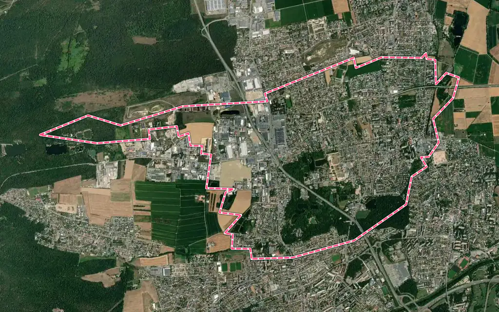 Vue satellite de Kingersheim avec ses contours administratifs