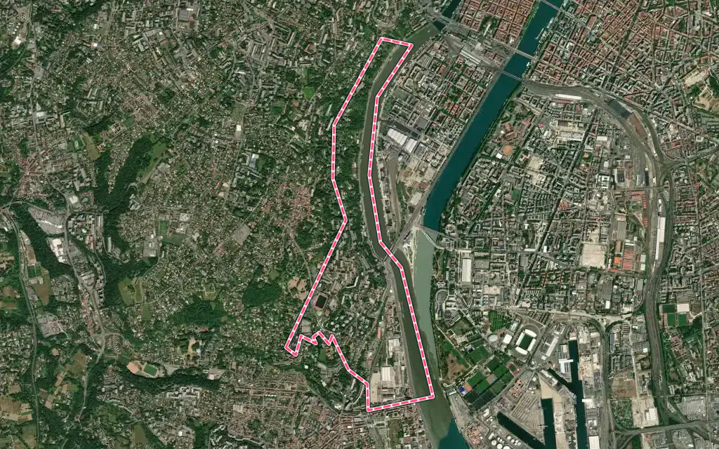 Vue satellite de La Mulatière avec ses contours administratifs