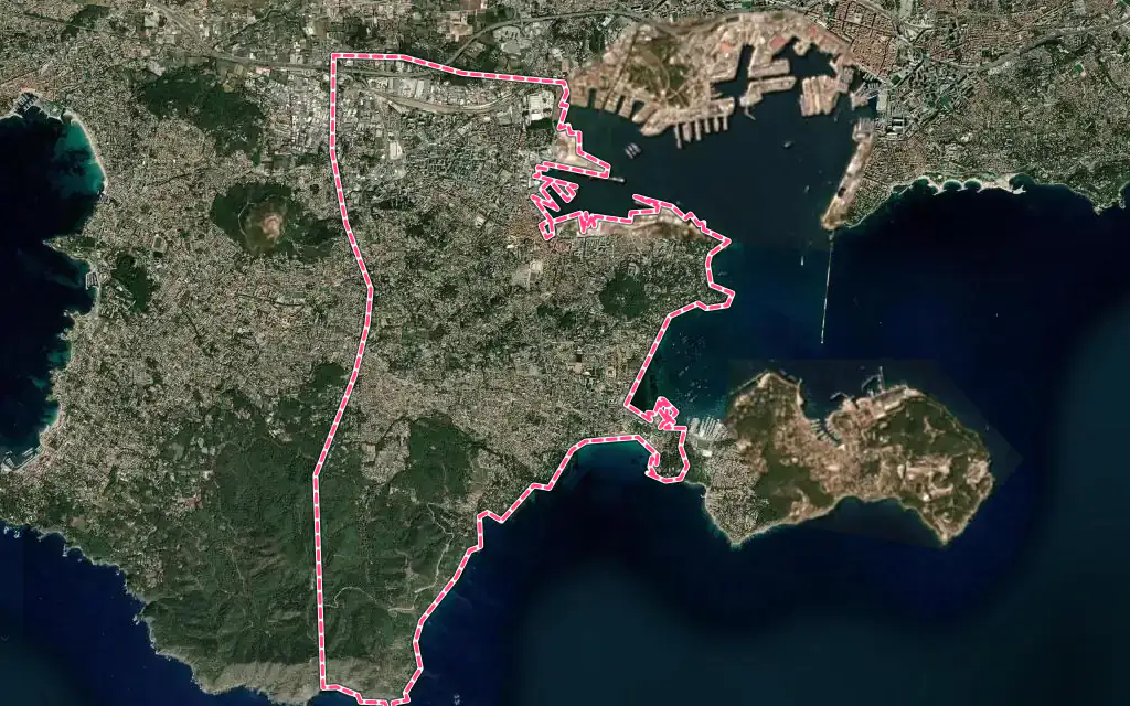Vue satellite de La Seyne-sur-Mer avec ses contours administratifs