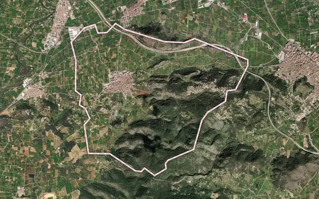 Vista satélite de la Font d'en Carròs con su contorno administrativo