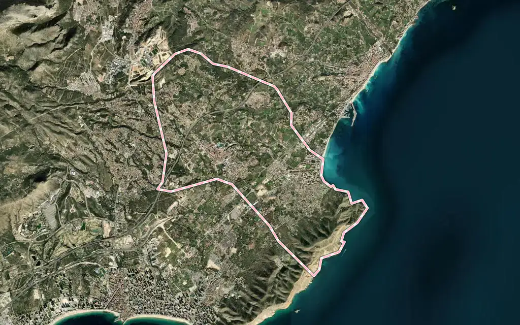 Vista satélite de l'Alfàs del Pi con su contorno administrativo