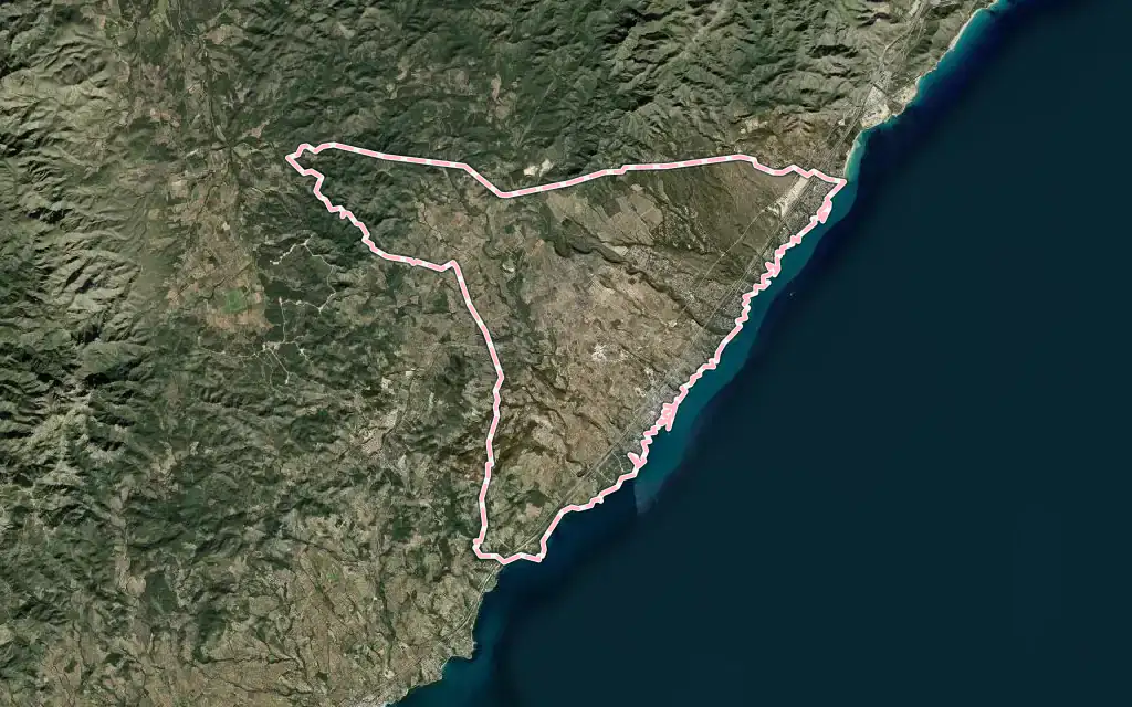Vista satélite de l'Ametlla de Mar con su contorno administrativo