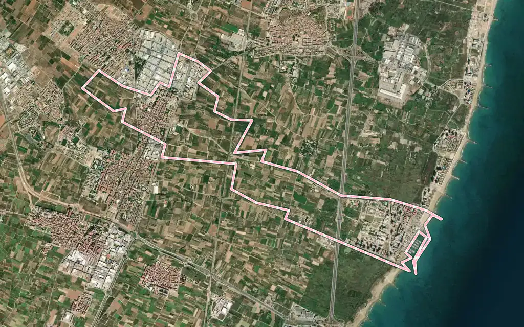 Vista satélite de la Pobla de Farnals con su contorno administrativo