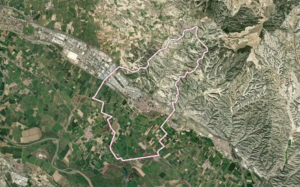 Vista satélite de La Puebla de Alfindén con su contorno administrativo