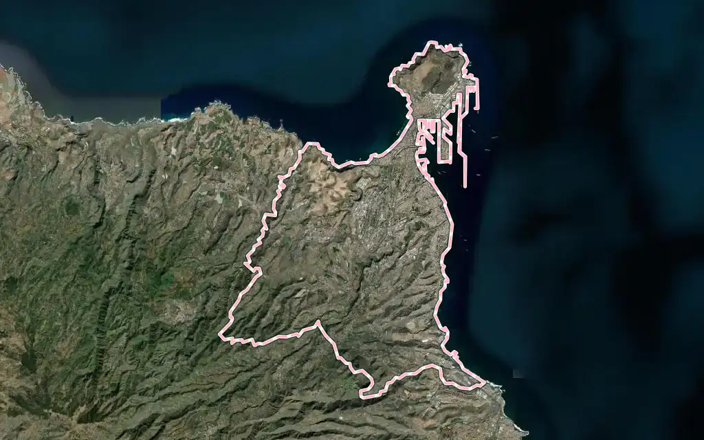 Vista satélite de Las Palmas de Gran Canaria con su contorno administrativo
