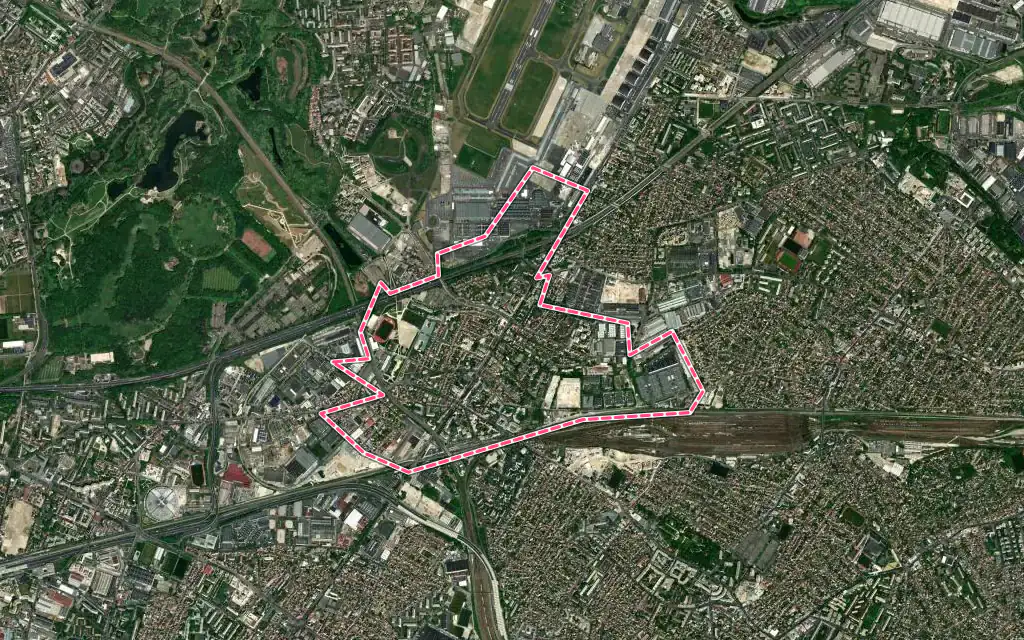 Vue satellite de Le Bourget avec ses contours administratifs