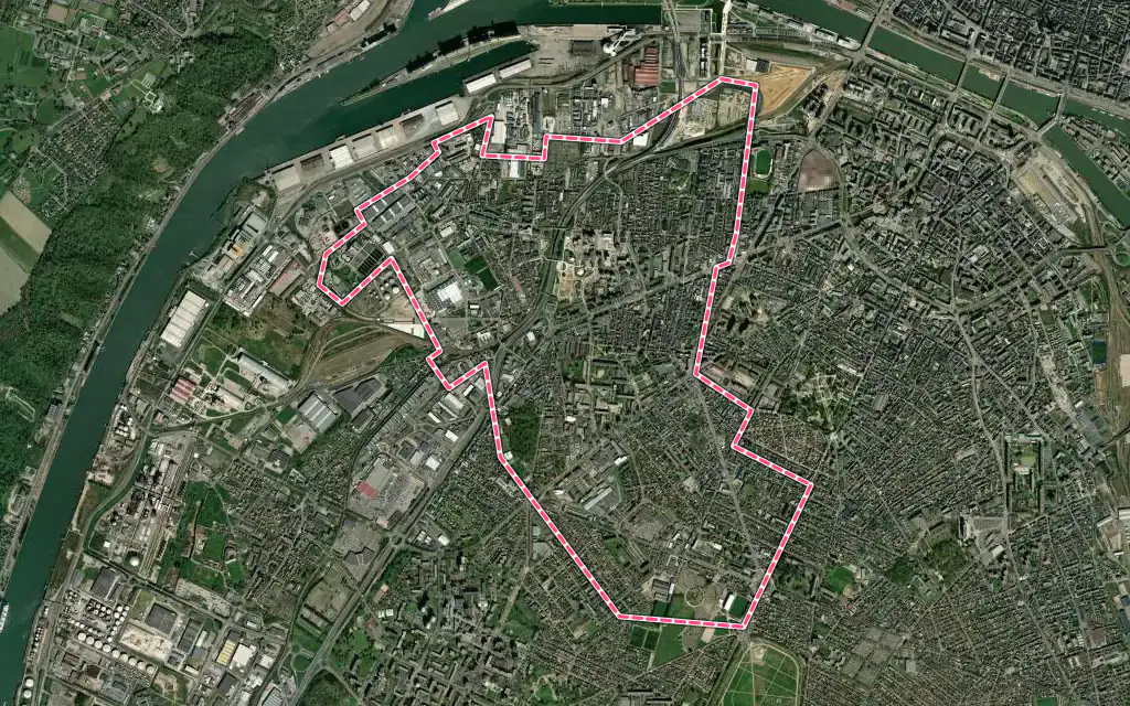 Vue satellite de Le Petit-Quevilly avec ses contours administratifs