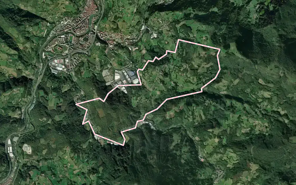 Vista satélite de Leaburu con su contorno administrativo