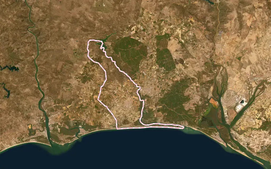 Vista satélite de Lepe con su contorno administrativo