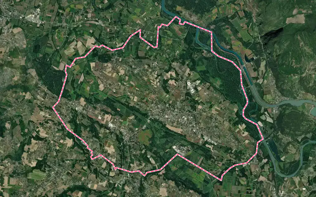 Vue satellite de Les Avenières Veyrins-Thuellin avec ses contours administratifs
