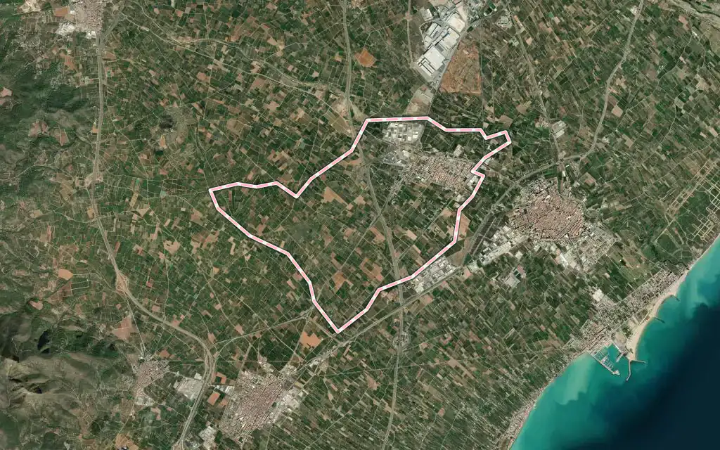 Vista satélite de les Alqueries / Alquerías del Niño Perdido con su contorno administrativo