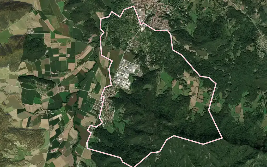 Vista satélite de les Preses con su contorno administrativo