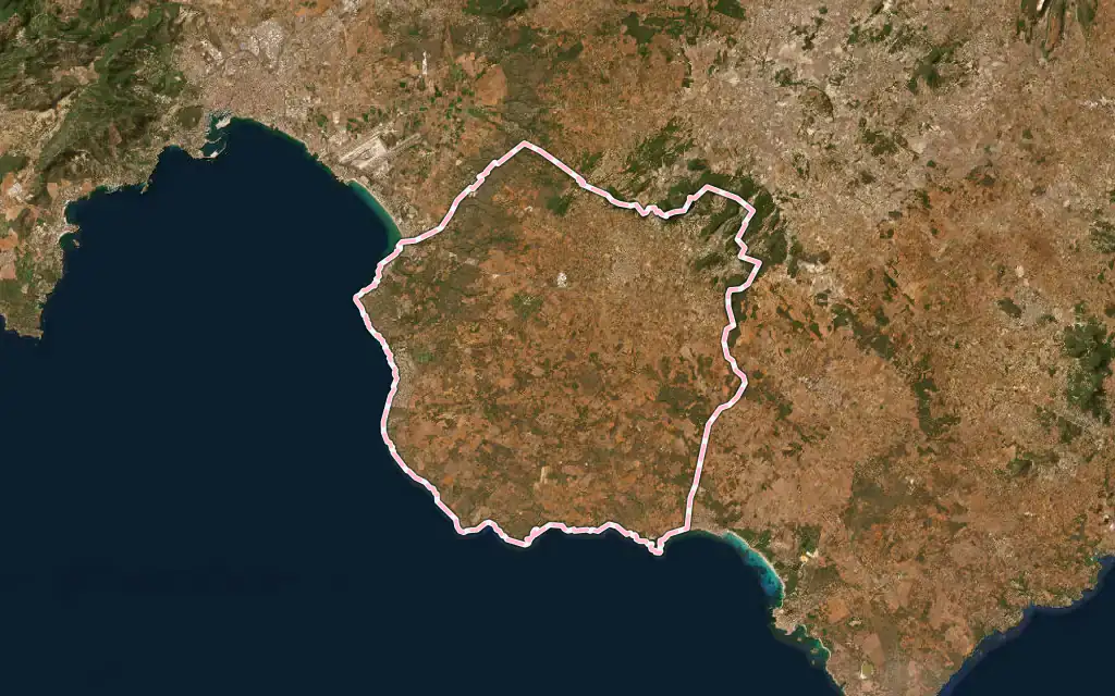Vista satélite de Llucmajor con su contorno administrativo