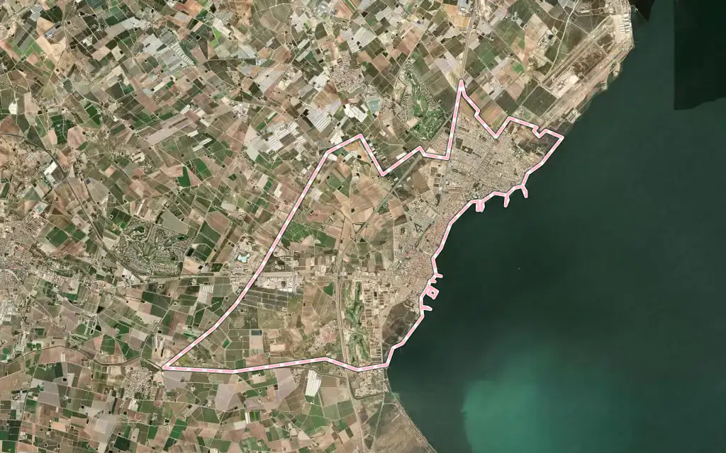 Vista satélite de Los Alcázares con su contorno administrativo