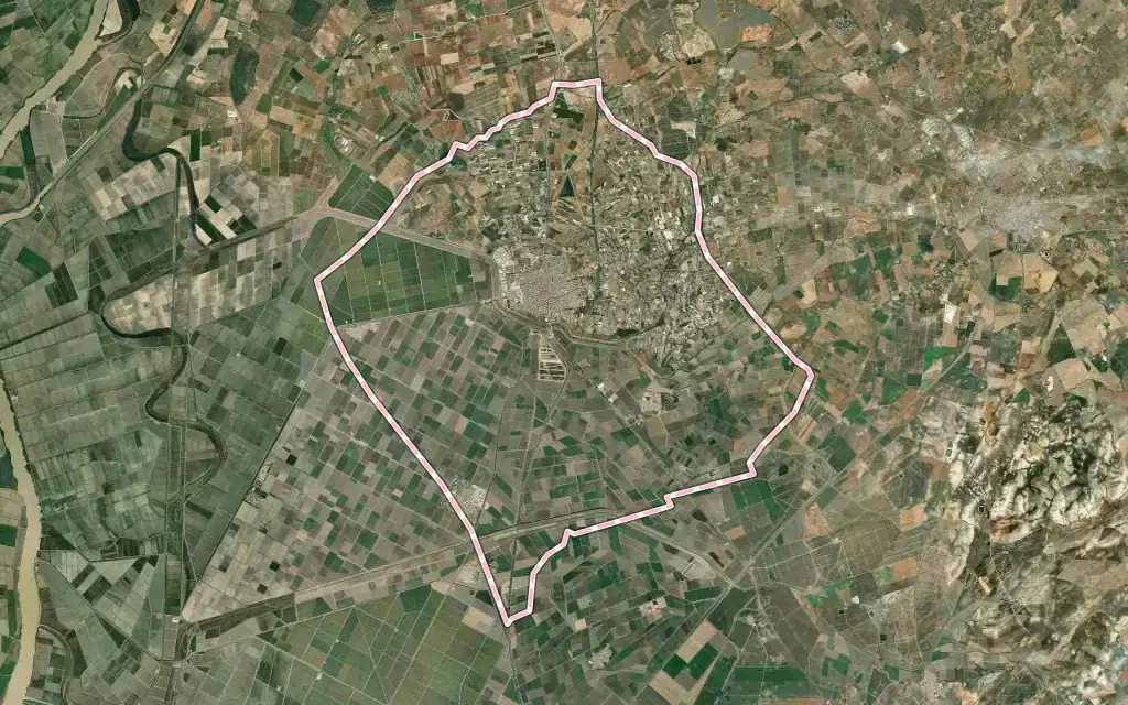 Vista satélite de Los Palacios y Villafranca con su contorno administrativo