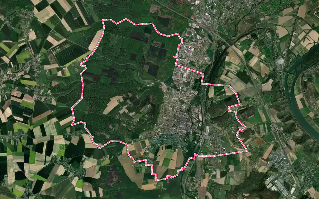 Vue satellite de Louviers avec ses contours administratifs