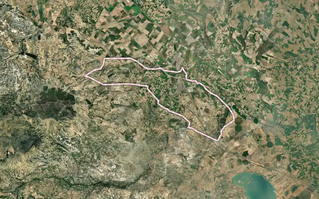 Vista satélite de Mallén con su contorno administrativo