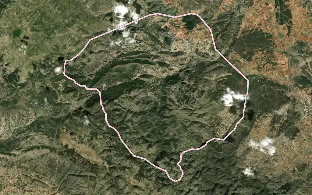 Vista satélite de Manzanera con su contorno administrativo