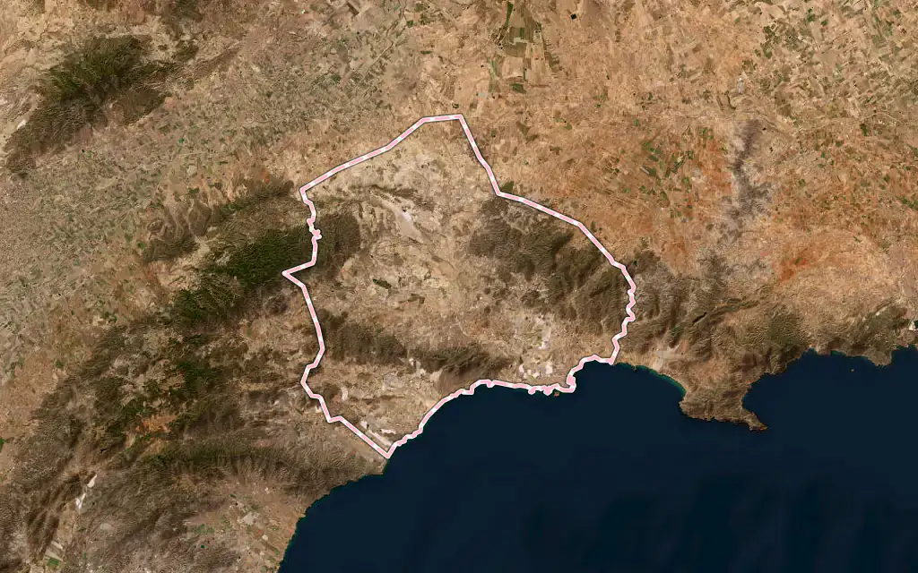 Vista satélite de Mazarrón con su contorno administrativo