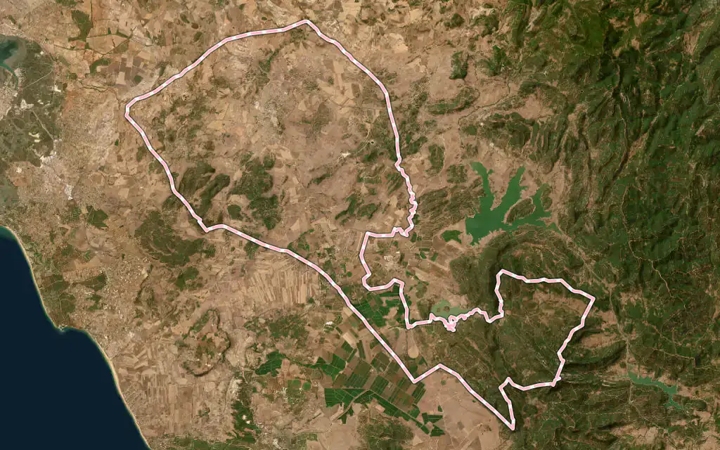 Vista satélite de Medina-Sidonia con su contorno administrativo