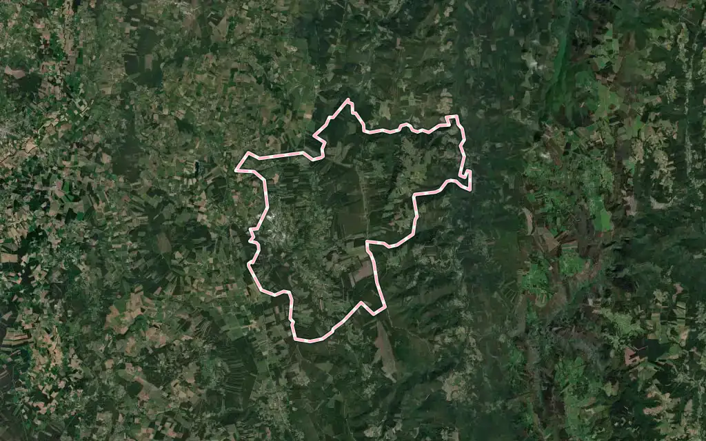 Vista satélite de Meira con su contorno administrativo
