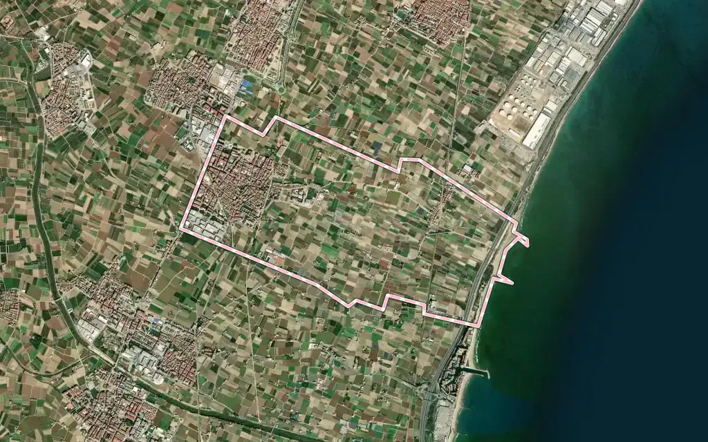 Vista satélite de Meliana con su contorno administrativo
