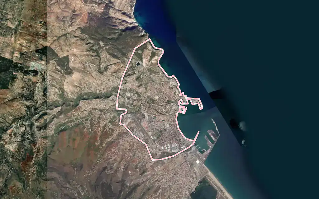Vista satélite de Melilla con su contorno administrativo