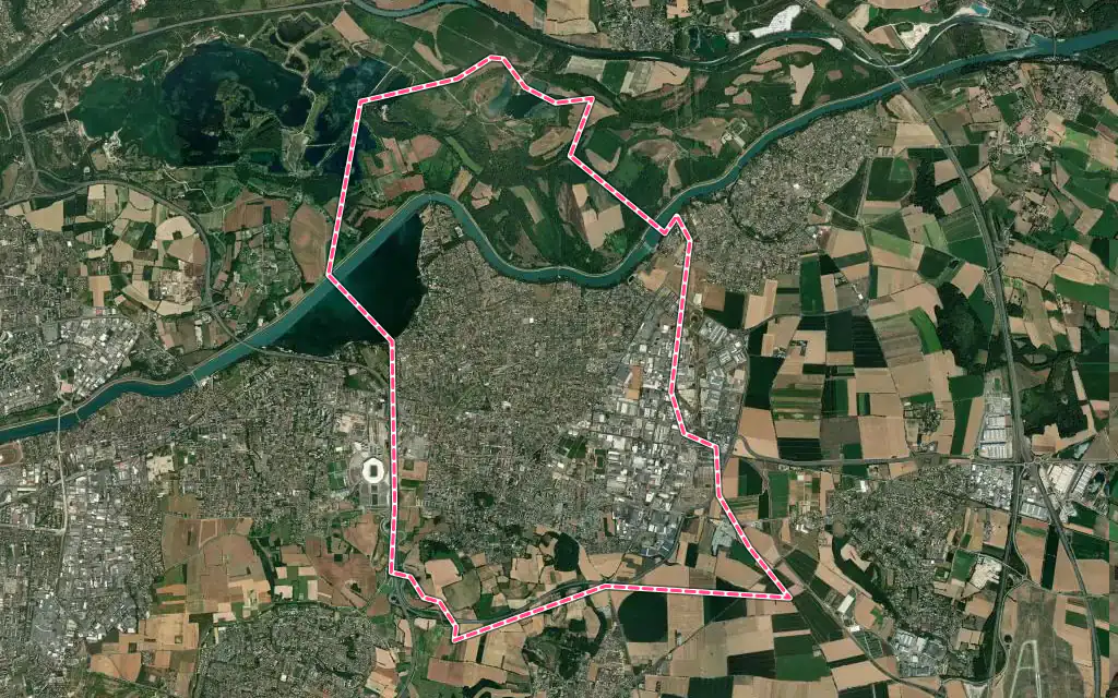 Vue satellite de Meyzieu avec ses contours administratifs