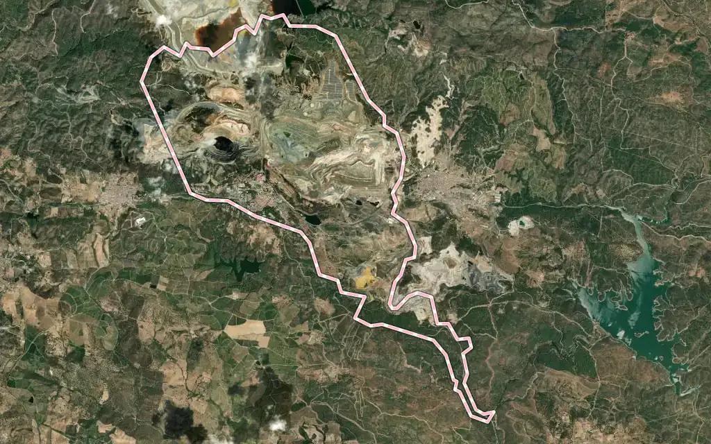 Vista satélite de Minas de Riotinto con su contorno administrativo