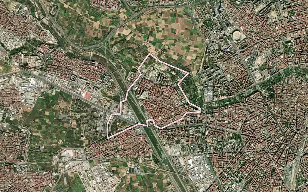 Vista satélite de Mislata con su contorno administrativo